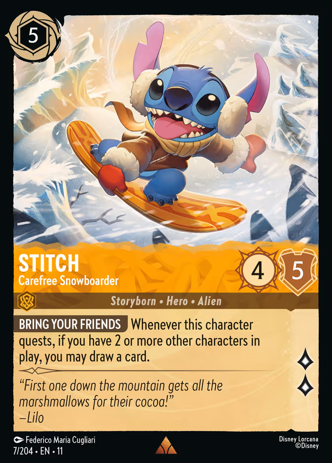 Stitch - Carefree Snowboarder 11-7 Lorcana card