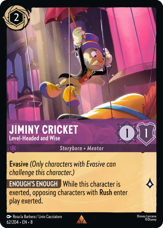 Jiminy Cricket - Level-Headed and Wise 8-62 Lorcana card